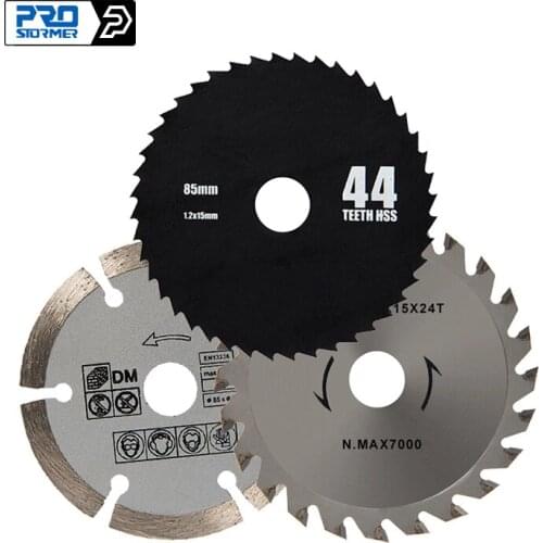 PROSTORMER 3pcs/lot 85mm Circular Saw Blades HSS/TCT Woodworking Rotary Tool Cutting Discs Mandrel for Mini Circular Saw PTET030