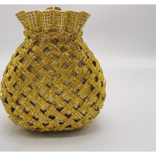 Elegant Bling Women Yellow Gold Color Crystal Clutch Bags Evening Bags Rhinestone Flower Minaudiere Handbags Wedding Party Purse