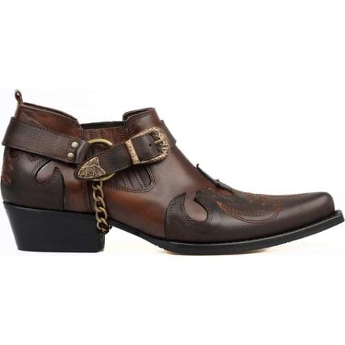 FootCourt- Brown Western Men Genuine Leather Motorcycle Shoes Short Boots Embroidered Boots Western Heel Pointed Toe