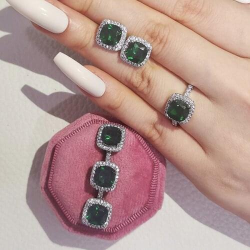 2pcs Pack 925 Sterling Silver cushion cut zircon cz Jewelry set Engagement ring stud earring Wedding for women gift J1099-green