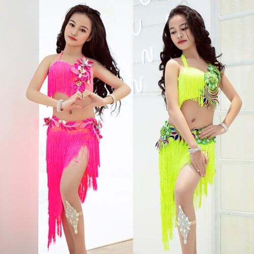 Belly Dance Costume Kids Fluorescent Green Pink Fringed Belly Set Rumba Samba Dress Girls Exotic Performance Costume DNV13940