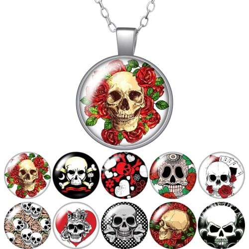 Rose Skull Punk Round Pendant Necklace 25mm Glass Cabochon Women Girl Jewelry Party Birthday Gift 50cm