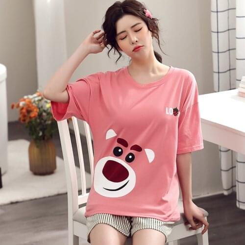Summer Korean Style Sweet Lovely Homewear Short Shirt Shorts Cartoon Printing Pajamas Set For Women 2 Piece Colorful Nightwear