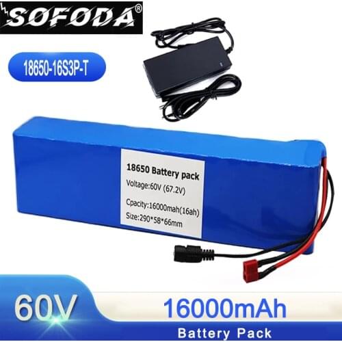 SOFODA 60V 16S3P 16Ah 18650 Li-ion Battery Pack 67.2V 16000mAh Ebike Electric bicycle Scooter with BMS 1000Watt T plug