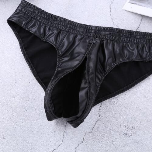 New Man Sexy Zipper Penis Pouch Underwear Mens Low Waist Briefs Male Soft Leather Underpants for Men Briefs Thongs Knickers
