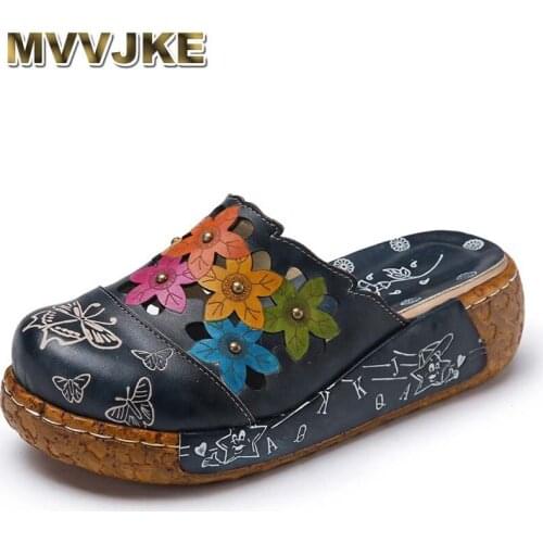 MVVJKE 2018 Ethnic Style Genuine Leather Womens Summer Shoes Sandals wedges Slides Handmade Flower Women Platform Slipper