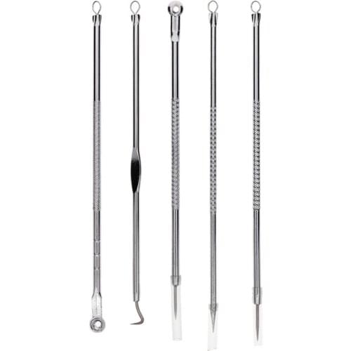 5Pcs/Set Blackhead Extractor Tool Set Stainless Acne Needle Pimple Tweezers Whitehead and Comedone Acne Removers #255327