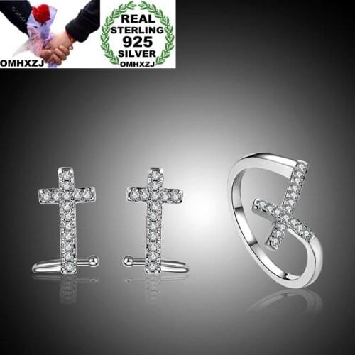 OMHXZJ Wholesale Personality Fashion OL Woman Girl White Crossed Zircon 925 Sterling Silver Stud Earrings+Ring Jewelry Set SE01