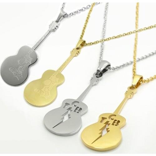 Guitar Pendant Necklace Elvis Presley Jewelry Stainless Steel Hollow TCB Lightning High Quality Polished Necklace Titanium Gold