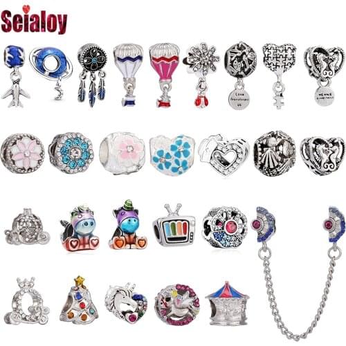 Seialoy 1pcs Blue Planet Beaded Hot Air Balloon Dangle Charm Fit Bracelets Pumpkin Car Unicorn Dream Catcher Bead Accessory