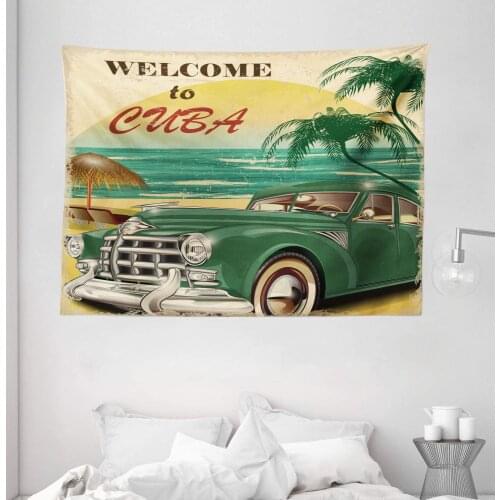 Retro Tapestry Nostalgic Welcome To Cuba Print With Classic Car Beach Ocean Palm Trees Wall Hanging For Living Room Dorm