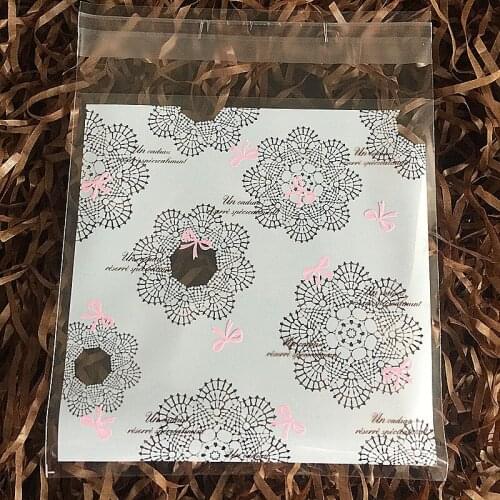 10cm*10cm 50Pcs White Lace Flower Cookie Self Adhesive Plastic Packing Bags Biscuit Baked Food Package