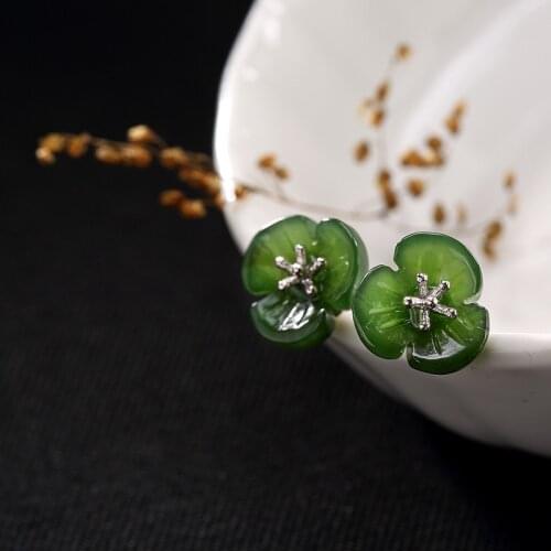 Pure Silver Inlay Ways Hetian Jade Jade Flower Wholesale High-grade Stud Earrings Earrings
