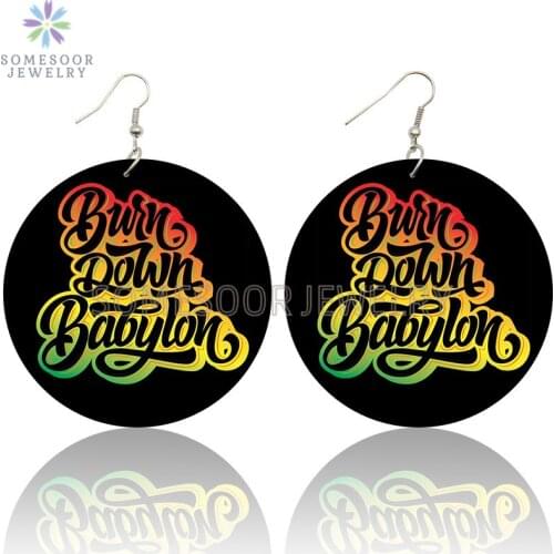 SOMESOOR Bwin Down Babylon Sayings Art Design Wooden Drop Earrings Both Sides Printed Vintage Ear Dangle Jewelry For Women Gift