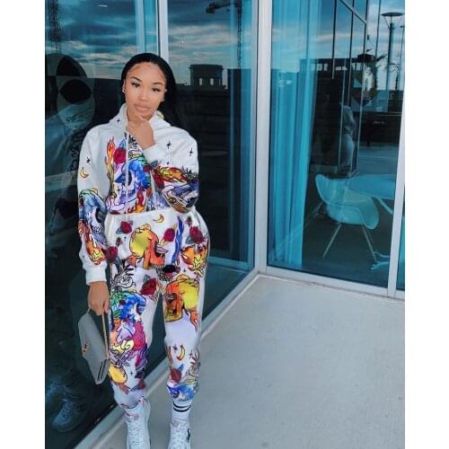 Ueteey New Two-piece Streetwear Hooded Collar Print Two-piece Pants Set