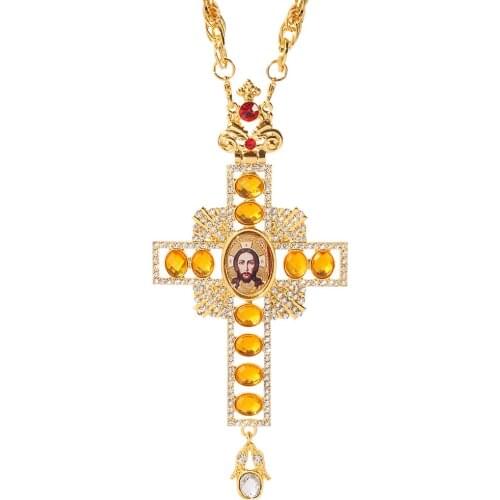 High Quality Pectoral Cross Orthodox Jesus Crucifix Pendants Rhinestones Cross Chain Gold Religious Jewelry Pastor Prayer Items