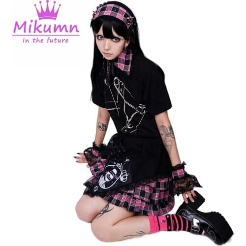 Japanese Harajuku Girls Punk Rock Red Pink Purple Plaid High Waist Pleated Skirt Gothic Lolita Kawaii Lace Cake Mini Skirts