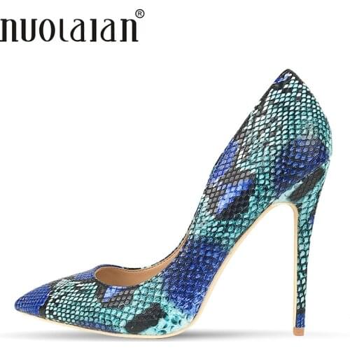 2018 Women Shoes Stiletto 12CM High Heels Women Pumps Snake Printing Leather Pointed Toe Blue Ladies Party Wedding Woman Shoes