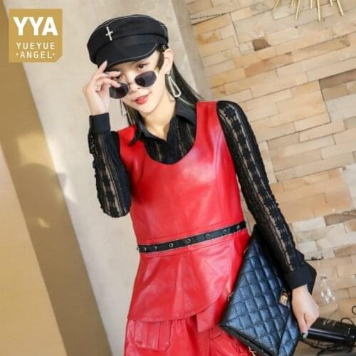 Women Asymmetric Short Sheepskin Waistcoat Round Neck Sashes Slim Fit Sleeveless Genuine Leather Office Lady Sling Vests Autumn