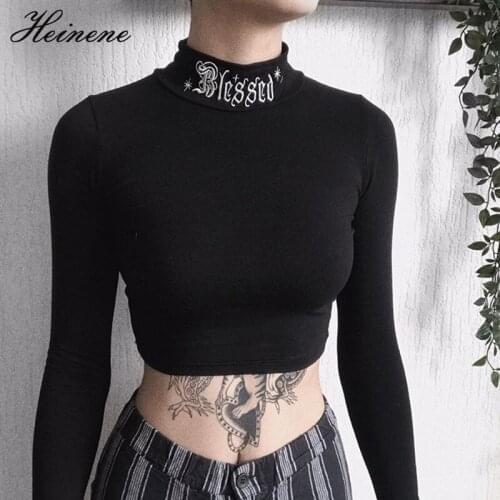 Heinene Gothic Womens Black Bodycon Long Sleeve Crop Tops Harajuku Letter Embroidery Vintage Solid Tops Female Casual Basic Tops