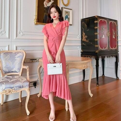 2021 New Womens Temperament Elegant Ruffled V-Neck Feifei Sleeve High Waist Pocket Hip Fishtail Dress