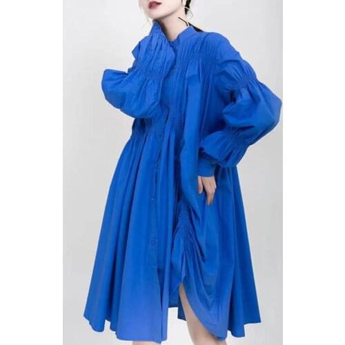 Autumn Ladies Dress Temperament Is Thin Folds Loose Long Sleeves Square Collar Irregular Blue Shirt Skirt Womens Clothing WE435