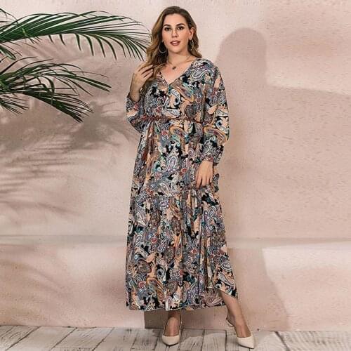 Retro Printing Vintage Dress Plus Size 5XL Women Spring Autumn Long Sleeve Casual Dress Loose Maxi Long Dresses