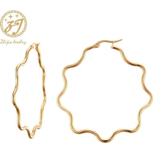 Zhijia Bijoux Gold Color Big Circle Round Stainless steel Hoop Earrings For Woman Boho Geometric Earring Party Jewelry Bohemian