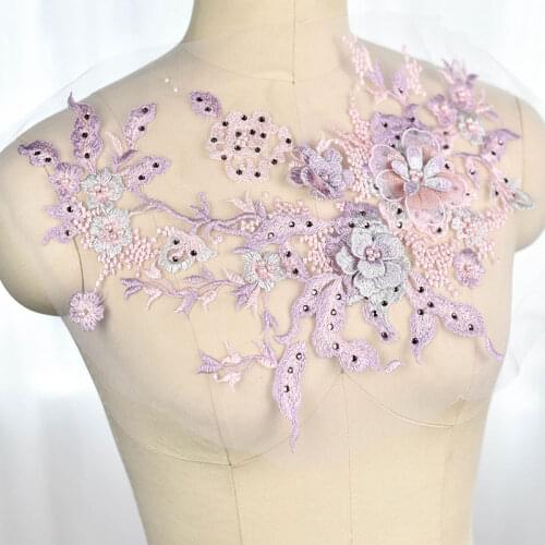 3D Flower Beads Rhinestone Embroidered Wedding Lace Fabric Gown Appliques Sew Patch For Dress DIY Decoration