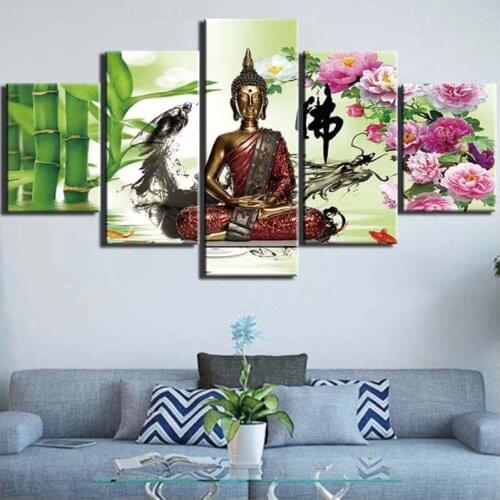 5Pieces Diy Diamond Painting Set Full Drills Bamboo Peony Zen Buddha Statue Embroidery Cross Stitch Rhinestone 5D Mosaic ZP-4127