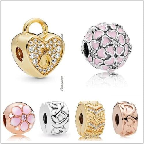 Authentic 925 Sterling Silver Row Of Linked Hearts Clip Lock Stopper Charm Bead Fit Pandora Bracelet & Necklace Jewelry