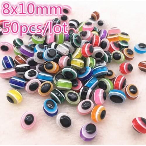 NEW 50PCS 8x10mm Charms multicolor Beads Oval Evil Eye Resin Beads Stripe Spacer Beads For Jewelry Making DIY Bracelet Beads