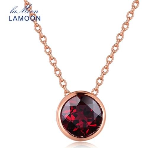 LAMOON- 7mm 1.5ct Natural Gemstone Red Garnet 925 Sterling Silver Jewelry Simple Chain Pendant Necklace S925 LMNI002