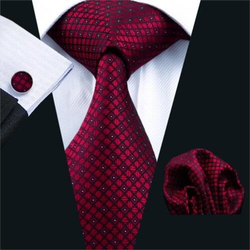 FA-704 Mens Tie Red Plaid Silk Jacquard Neck tie Tie Hanky Cufflinks Set Ties For Men Business Wedding Party Free Shipping