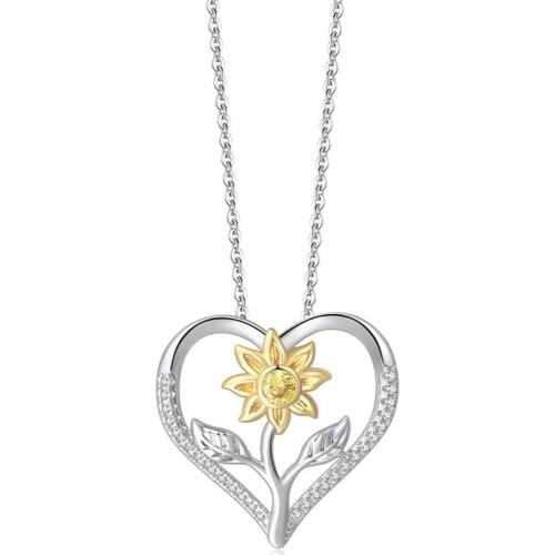 Exquisite Fashion Sunflower Heart Necklace Girls Clavicle Chain Inlaid Crystal Pendant Necklace Jewelry Gift