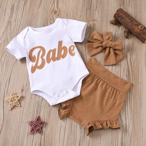 2021 Summer Newborn Baby Girls Clothes Baby Letter Bodysuit Top+PP Shorts+Headband Outfits Set Roupa 3-24 Months Clothing