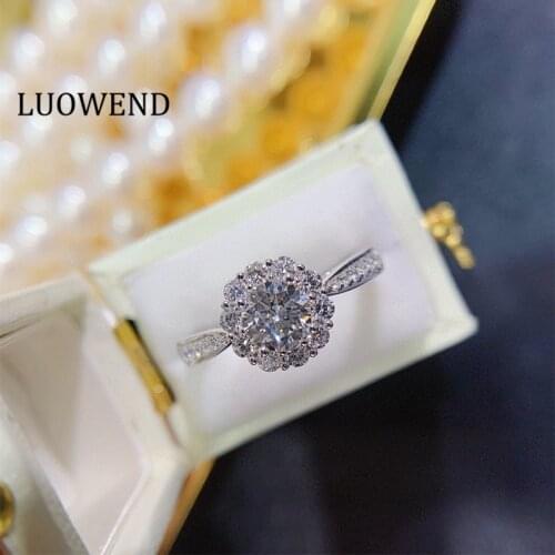 LUOWEND 100% 18K White Gold Ring Luxury Halo Design Natural Diamond Ring for Women Engagement Wedding