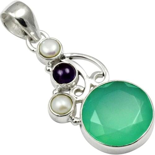 Nature Chalcedony + Amethyst + Pearl Pendant 925 Sterling Silver Jewelry, 43 mm, AP4187