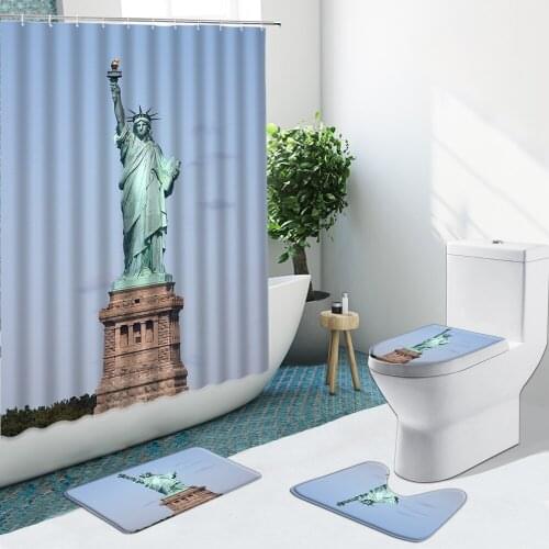 New York Statue Of Liberty Shower Curtain Architecture Non-Slip Flannel Rug Toilet Cover Bath Mats Bathroom Set Floor Mat Decor