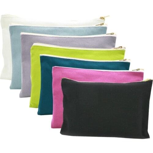 OIVEFEET, 16oz Plain Cotton Canvas Cosmetic Bag Travel Toiletry Makeup Gold Zipper Pouch Bag, 8 colors