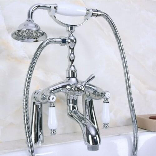 Polished Chrome Brass Deck Mount Bathroom Tub Faucet Dual Ceramic Handles Telephone Style Hand Shower Clawfoot Tub Filler ana104