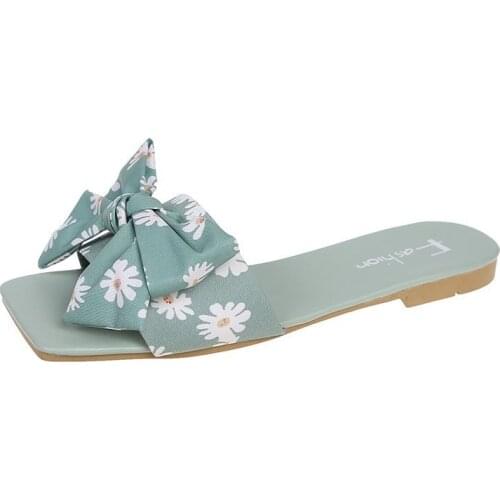 Fast selling flat heel casual Square Flower sandals outdoor retro ethnic bow print womens shoes