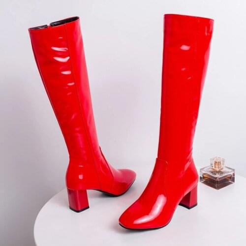 Womens High Knee Boots Patent Leather Knee High Boots Women Waterproof White Red Party Fetish Boot Womens Shoes Autumn Winter