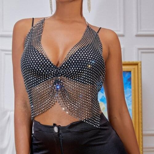 Sexy Hollow Out Bandage Crop Tops Women Diamonds Fishnet Top Camis Summer 2021 Bra Top Bralette Beach Night Club Wear Crystal