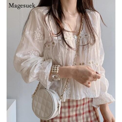 Chic V-neck Floral Loose Blouses Long Sleeve White Blouse Women Casual Fashion Elegant Womens Shirt Tops Blusas Mujer New 13037