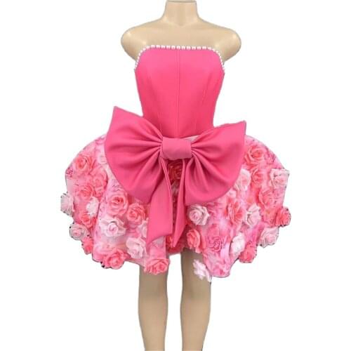 Sexy Pink Rose Big Bow Pearl Off the Shoulder Dresses Costume Performance Stage Wear Birthday Party Girls Cute Ball Gown Dress