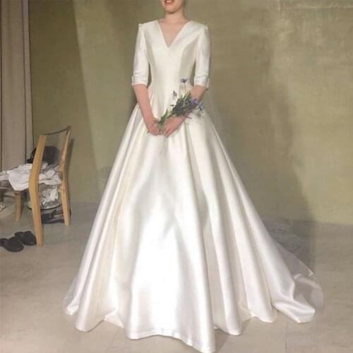 Simple V-Neck Wedding Dress With Half Sleeves Princess A-line Vestido De Novia White Ivory Korea Bridal Dress Custom Made New