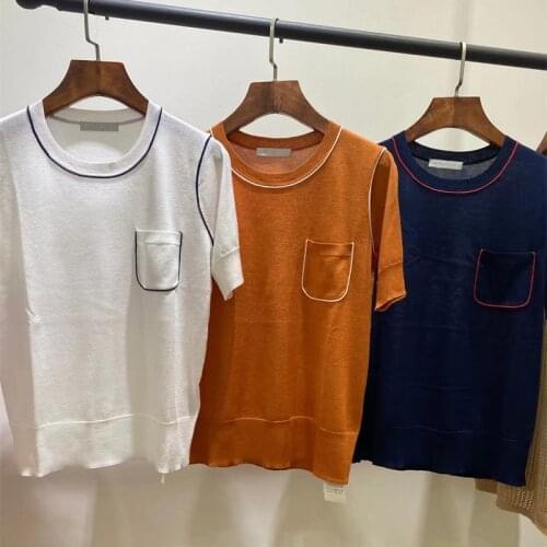 Women Sweater 2021 New Silk Cotton Contrast Pocket Short-sleeved Knit Sweater Round Neck Short-sleeved Top