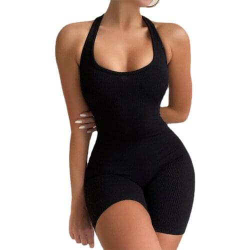 Ribbed Knitted Jumpsuit Sexy Low-cut Skinny Push Up Overalls for Fitness One Piece Outfit Women Summer High Waist Short Bodysuit