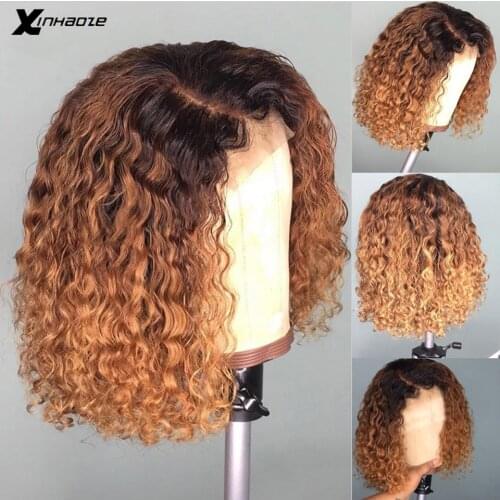 Xinhaoze Short Curly Lace Front Human Hair Wigs With Baby Hair Pre Plucked Brazilian Remy Human Hair Bob Wigs Bleached Knots